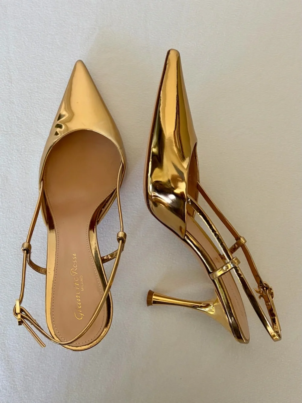 Gianvito Rossi Ascent Metallic Gold Pointed Slingback Heels, 38 (7.5), EUC